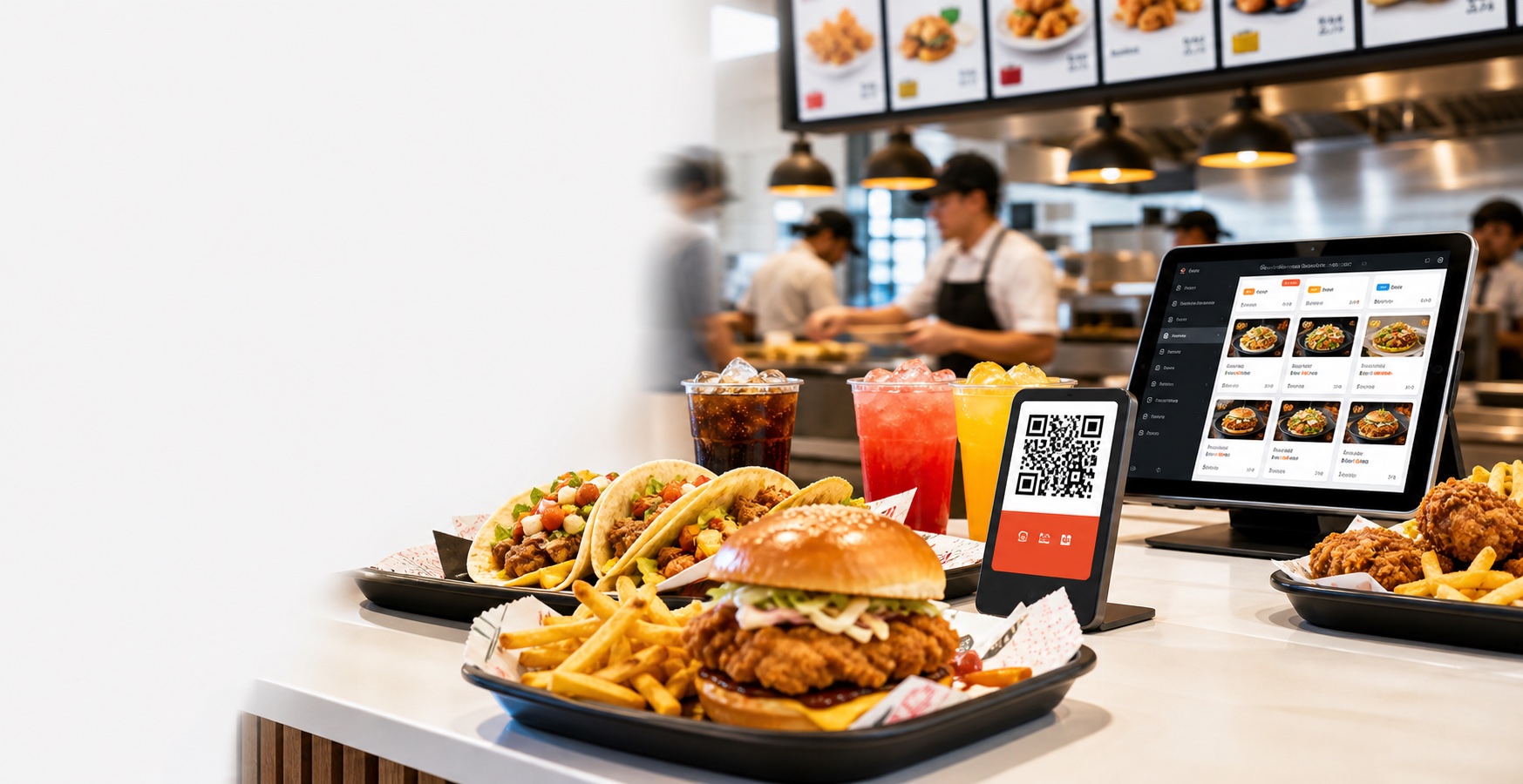 Operacion de comida rapida con pedidos digitales, productos y codigo QR