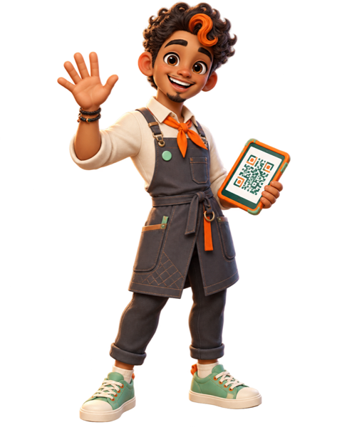 Nico, guía virtual de MenuQR, saludando con una tableta de menú QR