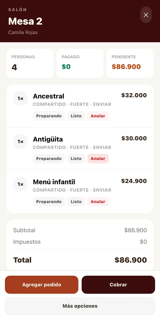 Cuenta de la mesa 2 con tres productos, total de $86.900 y botones para agregar pedido y cobrar