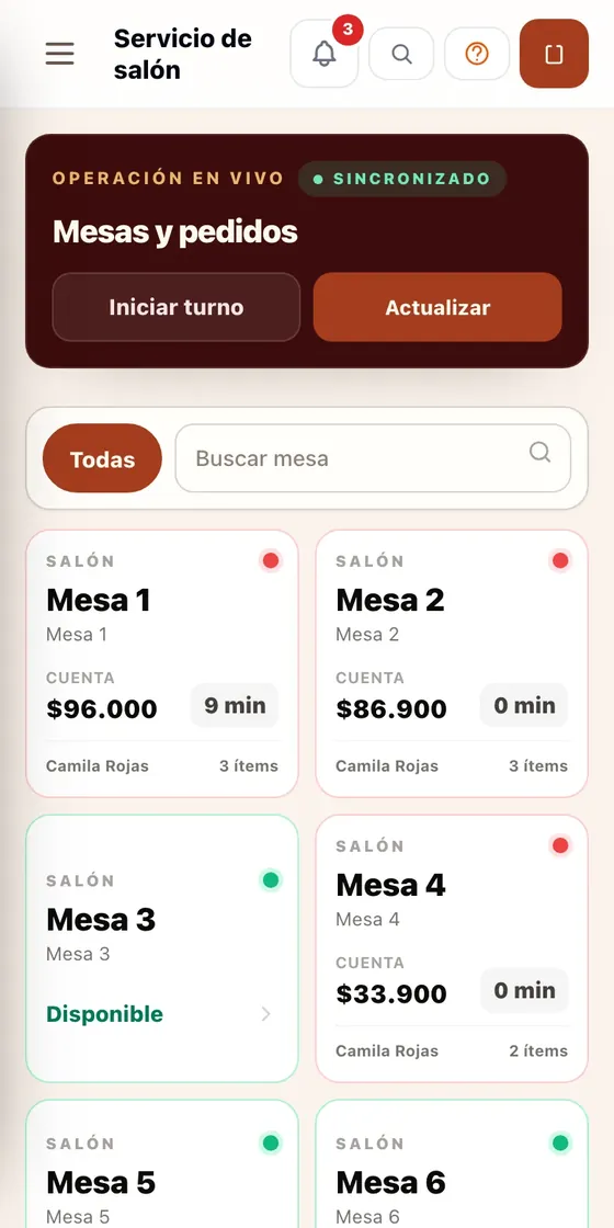 Pantalla del servicio de salón con seis mesas, tres de ellas con cuenta abierta