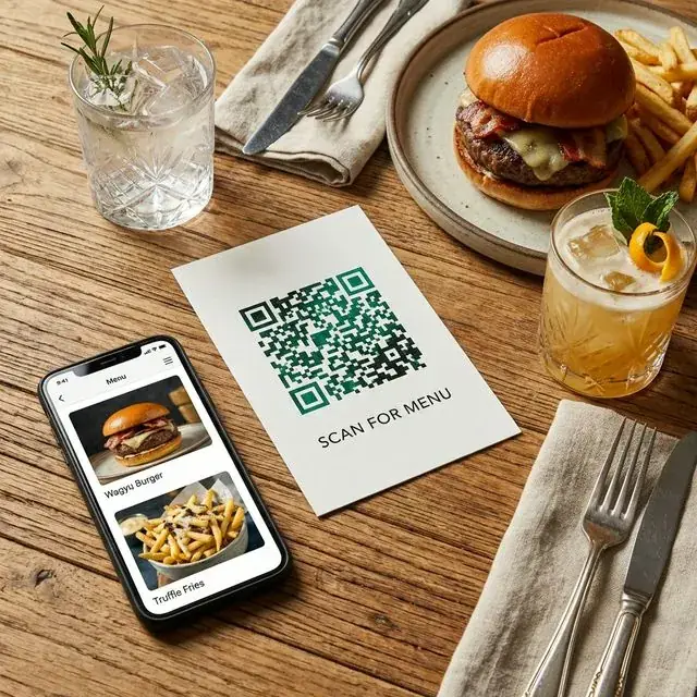 Código QR sobre una mesa de madera junto a una hamburguesa y un celular con el menú