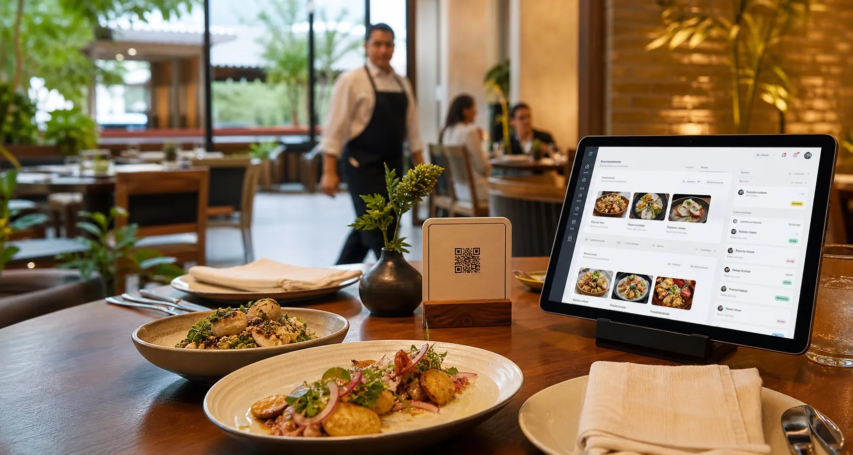 Mesa servida en un restaurante, con un mesero y comensales al fondo